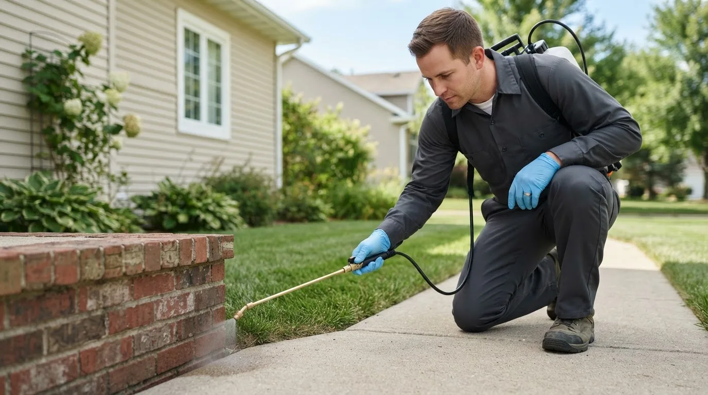 Pest control technician treating a home near Vergennes, IL