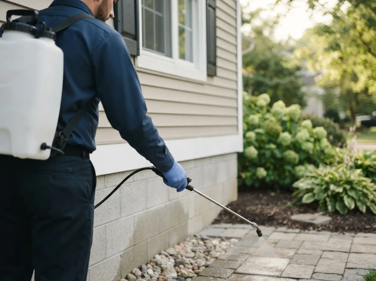 Pest control technician inspecting a home in Vergennes, IL